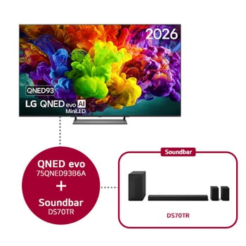 Het vooraanzicht van de LG QNED evo AI QNED90 Mini LED, uitgebracht in 2026, vult het scherm met levendige, vloeiende uitbarstingen van veelkleurige, verfachtige bewegingen, terwijl dichte wolken van kleur naadloos over het scherm versmelten.